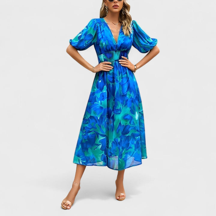 Emese - Elegáns virágmintás midi ruha