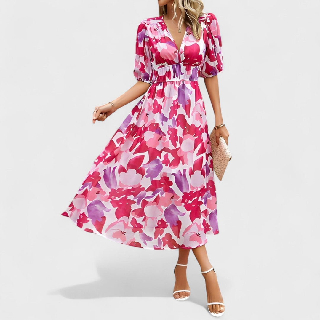 Emese - Elegáns virágmintás midi ruha