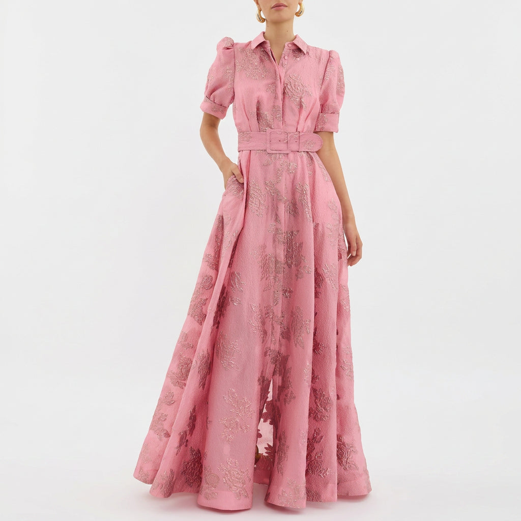 Anna - Hosszú virágmintás jacquard ruha övvel