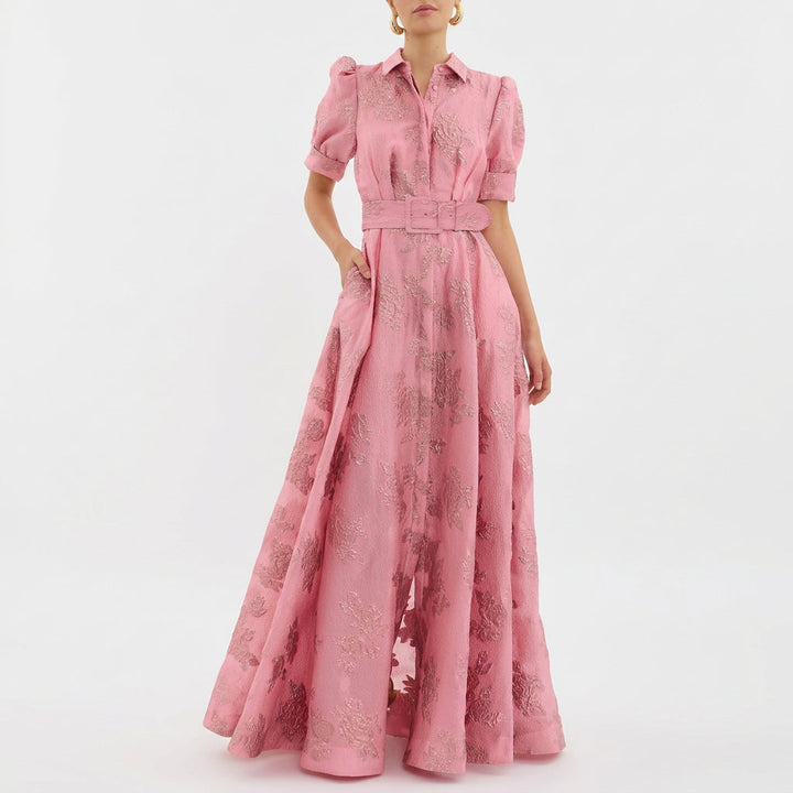 Anna - Hosszú virágmintás jacquard ruha övvel