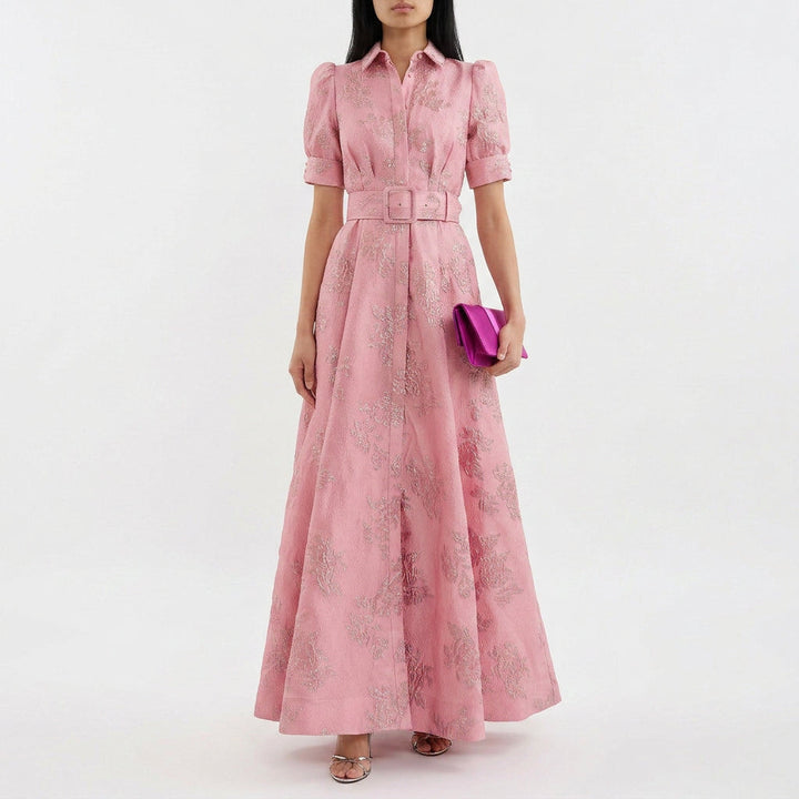 Anna - Hosszú virágmintás jacquard ruha övvel